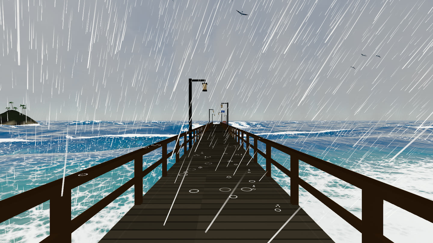 Rain mode on the pier: storm sky, storm sea, rain and wet planks.